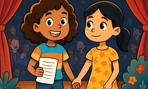 Il y a deux personnages principaux : Lina, une fille de 12 ans aux cheveux bouclés et bruns, avec un t-shirt coloré et un jean, tenant un script et souriant avec détermination, et Yasmine, également âgée de 12 ans, avec des cheveux lisses et noirs en queue de cheval, portant une robe à fleurs et affichant un regard timide mais plein d'espoir. Elles se trouvent sur une scène de théâtre lumineuse avec un rideau rouge, des projecteurs et un public enthousiaste. Elles se tiennent la main, prêtes à jouer, montrant confiance et joie, tandis que le public les encourage avec des sourires et des applaudissements.