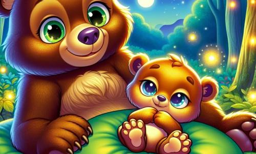 Un jeune ours brun, nommé Luno, est allongé sur un oreiller de mousse verte, avec un sourire apaisé. Il respire profondément, entouré d'une douce lumière dorée. À côté de lui, sa maman ourse, douce et affectueuse, lui tient la patte avec un sourire rassurant. Ils se trouvent dans une forêt enchantée, baignée par la lumière de la lune, avec des arbres majestueux et des étoiles brillantes. L'atmosphère est calme et sereine, avec des lucioles dansant autour d'eux. Luno et sa maman pratiquent des exercices de respiration, créant une ambiance paisible, parfaite pour s'endormir.