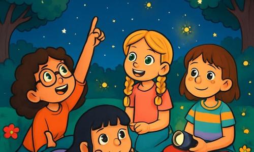 Quatre enfants se trouvent dans un jardin verdoyant sous la douce lumière de la lune. Éléonore, 10 ans, cheveux bruns bouclés et lunettes rondes, pointe une étoile brillante. Clara, 9 ans, cheveux blonds tressés et yeux verts, sourit émerveillée à ses côtés. Inès, 10 ans, cheveux noirs raides en pyjama à motifs de hiboux, observe le ciel, tandis que Zoé, 11 ans, avec des cheveux châtains et des taches de rousseur, tient une lampe de poche éteinte et regarde les lucioles. Elles partagent un moment de complicité, émerveillées par la magie de la nuit.