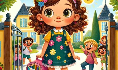 Clara, une fille de 10 ans aux cheveux châtains et bouclés, porte une robe à fleurs colorées et des chaussettes multicolores. Elle sourit, les yeux brillants d'excitation et de nervosité, tenant un cartable rose rempli de fournitures scolaires et d'un dessin de soleil. À ses côtés, Lila, également âgée de 10 ans avec des cheveux bouclés et une tresse, porte un t-shirt jaune et un jean, et fait un geste d'encouragement à Clara. La scène se déroule devant une école aux murs jaunes, avec un portail en bois et des arbres verdoyants. Des enfants jouent dans la cour, tandis que des fleurs colorées bordent le chemin. Clara, prête à entrer dans sa nouvelle école, prend une grande inspiration avant de franchir le seuil, entourée de camarades curieux, illustrant l'excitation de la rentrée des classes.