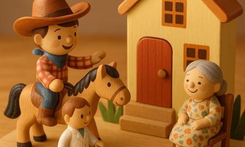 Jack, cow-boy souriant, porte un grand chapeau brun, une chemise à carreaux rouge et un bandana bleu; il monte Brun, un cheval en bois brun clair à crinière noire, et tend la main vers la porte. Le docteur, en blouse blanche miniature, suit avec une petite mallette médicale en bois. Mamie Rosa, petite femme âgée aux cheveux gris tressés en robe fleurie, est assise près de la porte, souriante. Scène devant une petite maison en bois jaune pâle à porte rouge et jardin de fleurs en papier; atmosphère douce de coucher de soleil, couleurs chaudes, textures boisées, style jouet enfantin simple.