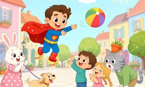 Un super-héros souriant en cape rouge brillante et bottes « pouet-pouet » saute en lançant un ballon coloré; à gauche Madame Lapin, pelage blanc et robe à pois roses, tient un petit chien beige qui tire sur sa laisse et applaudit; à droite Monsieur Chat, pelage gris rayé et museau surpris, est penché en avant avec un pot de fleurs orange sur la tête; devant, un garçon de 5 ans aux cheveux bruns courts lève les mains pour attraper le ballon et une fille de 4 ans aux tresses blondes rit et applaudit; lieu : rue de village colorée aux maisons pastel, trottoir en damier, arbres ronds verts et ciel bleu avec un grand soleil souriant; atmosphère : scène comique et chaleureuse, expressions exagérées, poses dynamiques, couleurs vives et arrière-plan épuré.