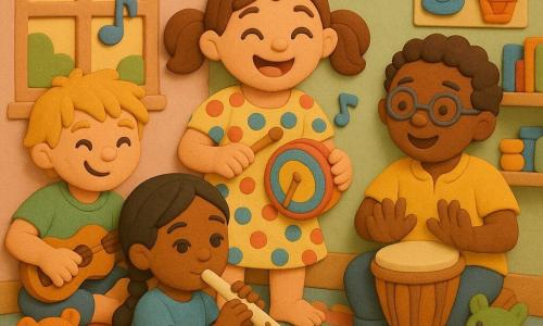 Lila (joyeuse, cheveux bruns en couette) au centre, tambourin arc‑en‑ciel et baguette, entourée de Sam (≈10 ans, blond, t‑shirt vert) à gauche à la petite guitare, Zoé (≈8 ans, cheveux noirs en tresse, robe bleue) devant à la flûte et Mamadou (≈11 ans, peau brune, lunettes, chemise jaune) à droite au djembé ; peluches en demi‑cercle, coussins et tapis, grande salle aux murs pastels avec fenêtre ensoleillée, étagères d'instruments en pâte à modeler et affiches, ambiance de répétition joyeuse et collaborative avec notes de musique stylisées flottantes.