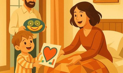Un garçon de 4 ans, cheveux châtain clair en mèches rebelles, joues rondes et yeux brillants, porte un pyjama rayé et tend un dessin coloré en forme de grand cœur tout en faisant un pas vers sa mère ; la mère (30–35 ans), cheveux bruns mi-longs légèrement en bataille, visage doux et sourire surpris, est assise au lit sous un plaid à motifs géométriques en tendant les bras ; le père (30–35 ans), barbe courte et chemise claire, se tient près de la porte tenant un plateau avec une assiette de fruits décorée en visage ; la chambre est lumineuse, matinée, avec grande fenêtre à petits carreaux, rideaux pastel, murs crème, étagère en bois clair et tapis rond texturé ; moment tendre de fête des mères, visages rayonnants, lumières douces et esthétique art déco aux couleurs chaudes et formes géométriques nettes.