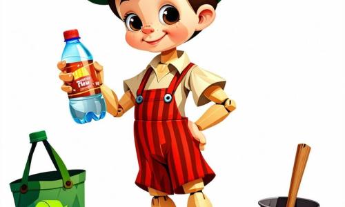 Pinocchio, un garçon de bois au sourire malicieux, se tient au centre de la scène, déterminé, avec son nez droit. Il porte une salopette rouge à rayures et une casquette verte, tenant une bouteille en plastique prête à être recyclée. À ses côtés, Lampwick, un garçon de 8 ans aux cheveux bruns en bataille et casquette rose à fleurs, sourit en ramassant des déchets. La Renarde, créature rusée au pelage orange, tricote une écharpe colorée en arrière-plan, ajoutant une touche de magie. Le décor est une forêt verdoyante avec des arbres majestueux, des fleurs multicolores et une rivière scintillante. Pinocchio et ses amis nettoient la rivière et la forêt, entourés de rires, illustrant l’esprit d’unité et de protection de la nature.