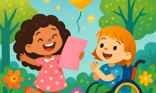 Zoé, une fille de 7 ans avec de magnifiques cheveux bouclés, porte une robe rose à pois blancs et tient un grand papier rose. Lola, une fille de 6 ans, joyeuse et énergique, roule dans un fauteuil magique coloré, a des cheveux courts et porte un t-shirt bleu avec des étoiles. Elles se trouvent dans un jardin enchanté rempli de fleurs chantantes, d'arbres aux feuilles scintillantes et d'un ciel bleu avec des nuages cotonneux. Elles écrivent un poème pour la fête des pères, Zoé saute de joie tandis que Lola applaudit. Un ballon brillant flotte au-dessus d'elles avec le poème, et des lucioles dansent autour, ajoutant une touche féerique.