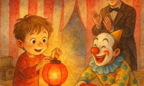 Un garçon de 6 ans, visage rond, cheveux châtain clair en bataille, yeux brillants, ajuste un lampion qui clignote en répandant une pluie de lumière ; à côté, un clown d'une trentaine d'années au nez rouge et large sourire roule une grosse balle rouge en riant, légèrement penché vers lui ; un directeur d'environ 50 ans à la moustache en guidon et veste à queue-de-pie marron les observe en arrière-plan en applaudissant doucement ; le tout se déroule sous la toile rayée rouge et blanche d'un chapiteau, guirlandes de lampions suspendues, plancher en bois clair avec copeaux de paille, lumière chaude et ombres douces.