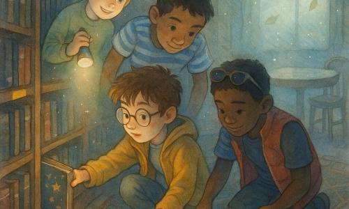 Quatre enfants dans une vieille bibliothèque : un garçon d’environ 11 ans aux cheveux bruns, lunettes rondes et veste moutarde accroupi devant une étagère tend la main vers un livre scellé orné d’étoiles dorées ; un garçon d’environ 10 ans à la peau mate, t-shirt rayé bleu et blanc, penché derrière lui et chuchotant en regardant une carte tombée au sol ; un garçon d’environ 11 ans aux cheveux blonds, sourire malicieux et pull vert clair, éclaire la scène avec une petite lampe de poche ; un garçon d’environ 10 ans aux cheveux noirs, lunettes de soleil sur la tête et gilet rouge, est à genoux en train de ramasser une page marquée d’une grande croix rouge. La pièce est une bibliothèque ancienne aux rayonnages sombres, lumière tamisée filtrant par une grande fenêtre embuée, tapis usé et table ronde ; l’atmosphère est d’excitation et d’enquête, poussière visible dans les rayons de lumière et feuilles flottantes.