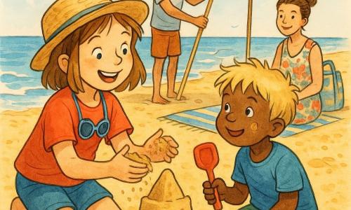 Fille de 8 ans souriante, cheveux châtain clair en carré, chapeau de paille légèrement de travers, lunettes de soleil bleues au cou, accroupie, les mains pleines de sable, tapotant soigneusement un château de sable; garçon (Hugo) ~6 ans, visage rond avec tache de sable, cheveux blonds en bataille, tenant une pelle rouge près d’un seau bleu, la regardant avec gratitude; maman ~35 ans, peau claire, cheveux en chignon, robe légère à motifs floraux, assise sur une serviette rayée en arrière-plan, souriante et surveillant la scène avec une carte postale; papa ~37 ans, barbe naissante, t-shirt clair, sac de plage à côté, debout un peu plus loin plantant un parasol rayé; plage ensoleillée au sable doré, vagues bleues, mouettes en vol, parasol rouge et blanc; moment chaleureux et lumineux de partage où la fillette prête sa pelle et sa gourde pour aider Hugo à construire le château.