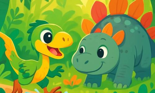 Un petit vélociraptor aux plumes vertes et jaunes, avec de grands yeux brillants et un sourire joyeux, court à toute vitesse à travers une jungle luxuriante, entouré de hautes fougères et de fleurs colorées. Il éclabousse un ruisseau d'eau claire avec ses petites pattes. À côté, un grand stégosaure à la peau grise et aux piquants colorés marche lentement, surveillant son ami avec bienveillance. La lumière du soleil filtre à travers les feuilles des arbres géants, créant des ombres dansantes. La scène montre Rappy et Spike en pleine exploration, remplis d'excitation et de curiosité, découvrant les merveilles de leur monde préhistorique.