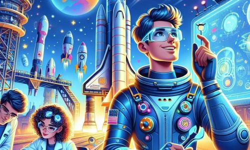Léo, un homme d'une trentaine d'années en combinaison spatiale bleue et lunettes futuristes, sourit d'excitation en ajustant les commandes de sa fusée Solaris. À ses côtés, Mia, une scientifique d'environ 25 ans avec des cheveux bouclés et une blouse blanche, examine des écrans holographiques. Tom, un homme costaud d'une quarantaine d'années, vérifie les moteurs de la fusée avec une clé à molette, affichant une expression déterminée. Le robot Piko, petit et rond avec des lumières clignotantes, flotte autour d'eux en parlant dans une langue extraterrestre. La scène se déroule sur une rampe de lancement moderne, entourée de structures futuristes et d'un ciel étoilé, avec une grande planète colorée à l'horizon. L'équipe se prépare à décoller pour la planète Kalypsos, pleine d'excitation et d'anticipation pour leur aventure spatiale.