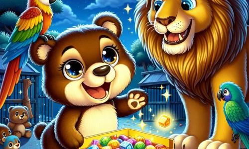 Une ourse nommée Bibi, au pelage brun et doux, se tient joyeusement devant une boîte dorée scintillante sous la lune, souriante et prête à danser. À ses côtés, un lion nommé Léon, avec une crinière dorée, regarde la boîte avec émerveillement. Un perroquet coloré, perché sur une branche, rit de bon cœur, ajoutant de la magie à la scène. Le zoo nocturne est baigné de lumière argentée, avec des enclos en arrière-plan et des étoiles dans le ciel. Bibi et Léon découvrent des bonbons multicolores dans la boîte, entourés d'animaux curieux, joyeux et excités.