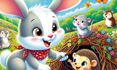 Dans un pré fleuri, Léo le lapin aux grandes oreilles saute joyeusement, souriant avec ses yeux malicieux. Son pelage blanc éclatant est agrémenté d'un foulard rouge. À ses côtés, Zoé, une petite souris grise, ramasse des brindilles avec enthousiasme. Plus loin, Hugo le hérisson rit en se frottant le ventre, tandis que Nina la grenouille saute dans une flaque de boue, éclaboussant tout le monde. Le pré est rempli de fleurs colorées, des papillons volent autour, et un ciel bleu éclatant domine la scène. Les amis construisent une cabane en brindilles, riant sous une légère pluie qui crée une ambiance joyeuse.