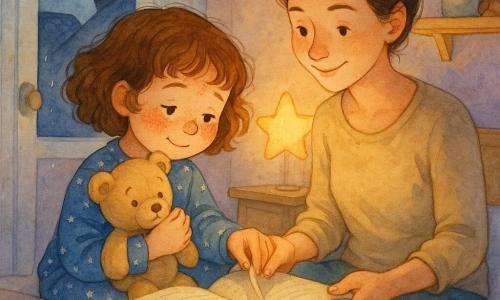 Une fillette de 6 ans, visage rond, cheveux châtain bouclés au carré et taches de rousseur, en pyjama bleu à petites étoiles, serre un nounours beige et pose le doigt pour tourner une page légèrement froissée, tandis que sa mère d'environ 32 ans, calme et souriante, cheveux bruns en chignon lâche, assise au bord du lit à droite, tient le livre et sa main; une veilleuse étoile diffuse une lumière miel dans une petite chambre chaleureuse aux murs lavande, couverture rayée douce, tapis crème, étagère à jouets, placard blanc entrouvert et fenêtre pluvieuse avec un chat noir silhouetté sur le toit, atmosphère nocturne douce mêlant lueur chaude intérieure et lumière froide de lune, palette de bleus, lavande, miel et crème avec textures aquarelle et touches magiques.