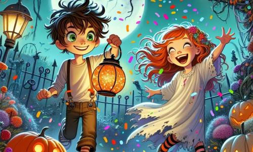 Un garçon de 12 ans, Enzo, avec des cheveux châtains en bataille et des yeux curieux, se tient au centre de l'image, tenant une lanterne orange décorée de paillettes. Il sourit avec excitation en regardant autour de lui. À sa droite, Jade, une petite fille rousse de 11 ans, porte un drap blanc et des chaussettes rayées, rigolant en lançant des confettis colorés. Le jardin secret est rempli de buissons, de fleurs fanées et de vieux arbres, éclairé par la lune qui crée des ombres dansantes. La scène montre Enzo et Jade s'amusant ensemble, entourés de décorations d'Halloween dans une ambiance festive et mystérieuse.