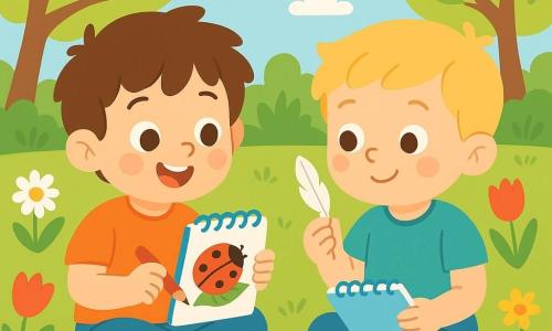 Un petit garçon de 4 ans, Louis, avec des cheveux bruns en bataille et des yeux curieux, est assis dans l'herbe verte du jardin. Souriant, il tient un crayon de couleur et un cahier bleu, prêt à dessiner une coccinelle. À côté, son ami Émile, également âgé de 4 ans, observe une plume blanche. Ils sont entourés de fleurs colorées, avec une douce lumière de soleil printanier et des oiseaux chantant. Au fond, un potager avec des légumes en croissance est visible. Louis et Émile découvrent les merveilles de la nature, chacun avec son cahier, prêts à capturer la beauté du printemps.