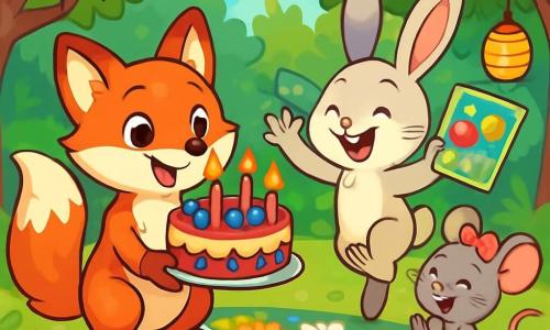 Léo, un petit renard aux poils roux et à la queue touffue, sourit en tenant un gâteau aux baies avec des bougies allumées. Gaspard, un lapin aux grandes oreilles blanches, saute près de lui, tenant une carte colorée. Mimi, une petite souris grise avec un nœud rose, applaudit avec enthousiasme. La scène se déroule dans une clairière enchantée entourée d'arbres verts, avec des guirlandes colorées et des lanternes scintillantes. Tous les amis de la forêt sont rassemblés pour célébrer l'anniversaire de Léo dans une ambiance festive.