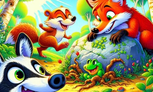 Pipo le renard, avec sa queue en tire-bouchon et son pelage roux, sourit malicieusement en fouillant un tas de feuilles. À ses côtés, Gustave le blaireau rit, la bouche pleine de racines. Ninon la grenouille, verte et pétillante, saute joyeusement sur une pierre. La scène se déroule dans une clairière ensoleillée, entourée d'arbres épais et d'un Grand Rocher recouvert de mousse et de fleurs. Les amis explorent et découvrent un trésor caché sous les feuilles, entourés de rires et de bonne humeur.