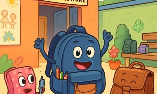 Lou, un petit sac à dos bleu nuit avec des bretelles frétillantes, se tient au centre de la scène, rayonnant d'excitation et de détermination. Ses poches sont légèrement ouvertes, laissant entrevoir des crayons colorés et une petite trousse. À côté, Max, un vieux cartable marron avec des coins usés, le regarde avec un sourire reconnaissant, ses poignées réparées brillent sous le soleil. Zora, une trousse rose à pois, se tient en retrait, les yeux brillants d'admiration, tenant un stylo en l'air pour applaudir Lou. La scène se déroule dans la cour d'un Centre Communautaire, entourée de murs colorés avec des dessins d'enfants et des bancs en bois où d'autres sacs et trousses se rassemblent. Des fleurs colorées ajoutent une touche de vie à l'environnement. Lou propose une collecte pour aider ceux qui en ont besoin, entouré de ses amis, tous unis dans un élan de solidarité et de partage.