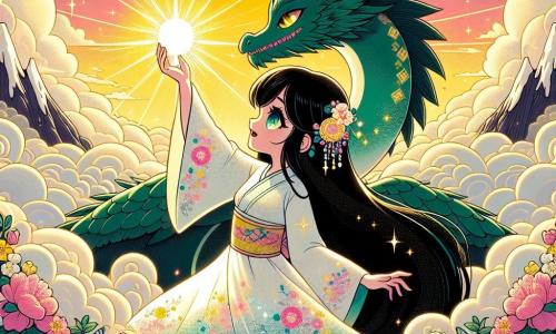 Aiko, jeune femme aux longs cheveux noirs et aux yeux pétillants, se tient au centre de la scène, souriante et déterminée. Elle porte une robe légère aux couleurs vives, ornée de motifs floraux, et lève haut la Perle de Lumière qui brille intensément dans ses mains, émettant des rayons dorés. À ses côtés, le Dragon d'Émeraude, majestueux et imposant, observe Aiko avec fierté, ses grandes ailes déployées. Le décor présente une montagne majestueuse sous un ciel teinté de rose et d'orange, annonçant le lever du soleil, tandis que des fleurs colorées entourent Aiko, ajoutant une touche de magie. Aiko est prête à apaiser le titan endormi, levant la Perle de Lumière vers le ciel, dans une atmosphère de mystère et d'espoir.