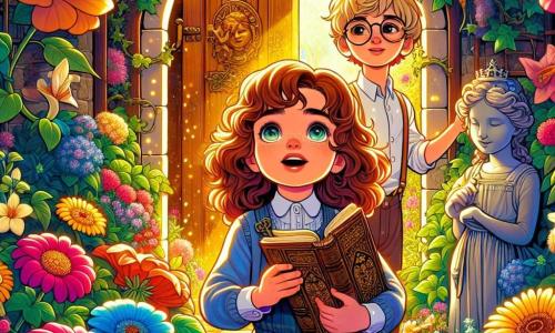Amélie, une fille de 10 ans aux cheveux châtains et bouclés, se tient au centre d'un jardin secret coloré. Ses yeux brillent d'excitation alors qu'elle tient un carnet ancien, entourée de fleurs aux pétales multicolores. À ses côtés, Lucas, un garçon de 10 ans aux cheveux blonds et lunettes rondes, admire une statue de pierre d'une dame souriante. Le jardin est rempli de fleurs éclatantes et de lierre grimpant sur une maison ancienne, avec une lumière dorée créant une ambiance magique. Une porte en bois ornée est entrouverte, laissant entrevoir un espace mystérieux. Amélie découvre un carnet mystérieux et une clé ancienne, prête à explorer la maison abandonnée avec Lucas, remplis d'enthousiasme et d'aventure.
