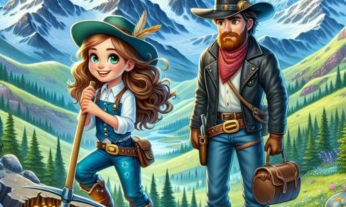 Clara, une jeune cow-girl de douze ans, se tient fièrement sur un sommet de montagne, ses cheveux bruns flottant au vent. Elle a des yeux déterminés et un grand sourire, brandissant une pioche dans une main, tout en pointant une fissure dans la roche où scintillent des éclats d'or. À ses côtés, Hank, un homme à la barbe rousse d'environ 30 ans, observe la fissure avec émerveillement, prêt à l'aider. Un peu plus loin, Eli, un jeune homme de 25 ans au chapeau de cow-boy noir, scrute l'horizon avec une lampe à huile, inquiet mais déterminé à protéger Clara et Hank. Le décor est spectaculaire, avec des montagnes majestueuses sous un ciel bleu et des vallées verdoyantes parsemées de fleurs sauvages. Clara, Hank et Eli découvrent un filon d'or dans la montagne, entourés d'une atmosphère d'excitation et de danger, prêts à affronter les défis à venir.