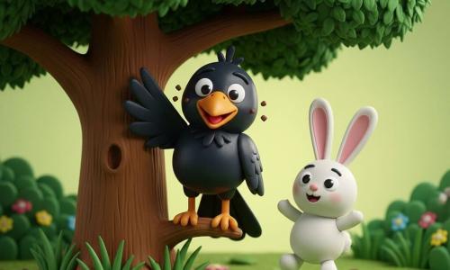 Un corbeau noir brillant, malicieux, aux yeux ronds et au bec orange avec des miettes de chocolat, perché sur une branche basse et penché vers son amie ; à côté, Lili le petit lapin blanc, rond, aux longues oreilles roses et sourire surpris, sur ses pattes arrière comme après un saut au pied du même tronc ; clairière ensoleillée avec grand arbre au tronc brun, feuillage dense, herbe et petites fleurs ; scène joyeuse et complice : le corbeau avoue avoir mangé un petit œuf en chocolat, couleurs vives et formes douces.