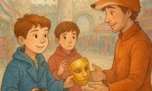 Noé, 12 ans, visage rond et taches de rousseur, manteau bleu trop grand, tend délicatement un masque doré poli vers un homme déguisé en renard roux, tandis que Milo, 12 ans, cheveux châtain courts et manteau rouge, se tient hésitant mais rassurant juste derrière ; scène chaleureuse et conciliatrice sur une grande place médiévale pavée décorée pour le carnaval, fanions rouges et verts, char doré et tissus violets, échoppes et foule colorée, lumière douce aux tons pastel, textures aquarelle et rehauts brillants sur le masque et les yeux, moment émouvant où Noé rend symboliquement le masque volé pour sauver le défilé.