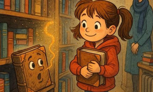 Une fillette de 8 ans, cheveux châtains en couettes, yeux grands et brillants, veste rouge à capuche et bottines jaunes, tient contre sa poitrine un vieux livre poussiéreux en le regardant avec un sourire hésitant; le livre anthropomorphe en cuir craquelé, aux coins rapiécés, yeux dessinés sur la tranche et petite bouche ouverte, souffle une fine fumée dorée scintillante depuis l'étagère devant elle. Une bibliothécaire d'environ 40 ans, silhouette fine, lunettes ovales et écharpe bleu marine, se tient en retrait près du radiateur, souriante et bienveillante. La médiathèque est un long couloir de rayonnages en bois sombre, piles de livres colorés, affiches anciennes au mur et lumière chaude d'une fenêtre ronde, la poussière dorée flottant dans l'air; une lueur magique s'échappe des pages et de petites particules lumineuses créent une atmosphère de fantasy urbaine douce et mystérieuse.