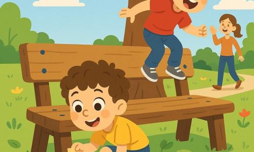 Dans un parc ensoleillé, deux jumeaux de 6 ans jouent autour d’un grand banc en bois usé : l’un accroupi dessous découvre un petit sac en tissu rouge, l’autre, espiègle, se tient sur le dossier prêt à sauter ; la mère, souriante, leur fait signe depuis l’allée, feuilles et billes jonchent la pelouse, un large arbre aux trois grosses branches se dresse derrière le banc, ambiance joyeuse, couleurs vives et contours nets.