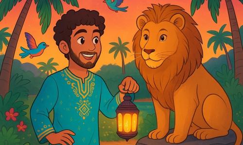 Un homme nommé Samir, avec des cheveux bruns bouclés et une barbe légère, se tient au centre d'une oasis magique, son visage rayonnant d'émerveillement. Il porte une tunique en soie bleu turquoise ornée de motifs dorés et tient une lanterne scintillante, illuminant son sourire. À ses côtés, un grand lion au pelage doré, âgé d'environ cinq ans, l'observe avec sagesse, se tenant majestueusement sur un rocher. L'oasis est luxuriante, avec des palmiers se balançant sous une brise légère, des fleurs colorées sur le sol et un ciel crépusculaire teinté de rose et d'orange. Samir pose sa lanterne au pied d'un palmier, prêt à partager une histoire avec le lion, tandis que des oiseaux aux plumes multicolores volent autour d'eux, créant une atmosphère magique.