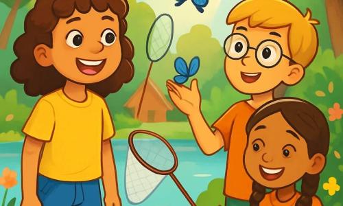 Léa, 10 ans, avec des cheveux châtains bouclés et des yeux curieux, se tient au bord d'un lac scintillant. Elle porte un t-shirt jaune et un short en jean, affichant une joie éclatante. À ses côtés, Louis, 10 ans, aux cheveux blonds et lunettes rondes, admire un papillon bleu avec un filet à papillons. Un peu plus loin, Emma, 9 ans, avec des tresses et un sourire radieux, prend des notes dans un carnet coloré, assise sur une pierre au bord de l'eau. Ils sont dans un camp d'été en pleine nature, entourés d'arbres verdoyants et de fleurs colorées, explorant la beauté des insectes et des plantes.