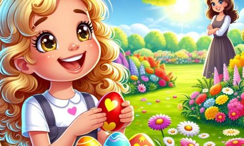 Zoé, une petite fille de 6 ans aux boucles dorées et aux yeux pétillants, est assise dans un jardin ensoleillé, entourée de fleurs colorées. Elle sourit, pleine de joie, tenant un panier d'œufs de Pâques décorés. Sa maman, une femme d'environ 30 ans aux cheveux bruns, l'observe avec fierté près d'un grand chêne. Le jardin est magique, rempli de fleurs éclatantes et d'arbres verdoyants sous un ciel bleu. Zoé décore un œuf rouge avec des cœurs, tandis que sa maman admire son travail, créant une atmosphère festive de Pâques.