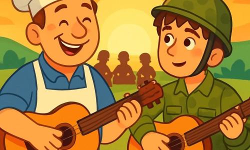 Antoine, un homme d'une quarantaine d'années au sourire chaleureux et aux yeux déterminés, porte un tablier de boulanger et un chapeau de chef. Il tient une guitare, prêt à jouer une mélodie apaisante. À ses côtés, un jeune soldat d'environ 20 ans, avec des cheveux bruns en désordre et un uniforme militaire, le regarde avec curiosité, tenant également une guitare. Ils se trouvent dans un champ verdoyant, sous la lumière dorée du soleil couchant, entourés de fleurs qui dansent dans le vent. En arrière-plan, des soldats des deux camps écoutent attentivement la musique, leurs visages éclairés par le crépuscule. Antoine et le jeune soldat jouent ensemble, rayonnants de joie et de camaraderie, symbolisant l'espoir et l'unité entre deux peuples autrefois en guerre.