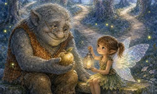 Grub, un troll au visage large et ridé, peau grise, lunettes rondes et gilet orange tricoté, assis sur un banc de pierre offrant une pomme dorée avec un sourire bienveillant; à ses côtés Lila, petite fée enfantine aux ailes irisées, cheveux châtain clair en couettes et robe verte en pétales, tenant une lanterne argentée à petite flamme dorée, regard déterminé et apaisé; des lucioles vertes et jaunes flottent autour; décor : carrefour des routes oubliées avec pierres moussues, sentiers, arbres au tronc argenté, arches de fleurs et légère brume au sol; scène de repos et de choix éclairée par la flamme chaude qui illumine leurs visages et dissipe les ombres bleutées; palette : contrastes doux bleu nuit et or chaud, textures aquarelle granuleuse et reflets au stylo gel blanc.