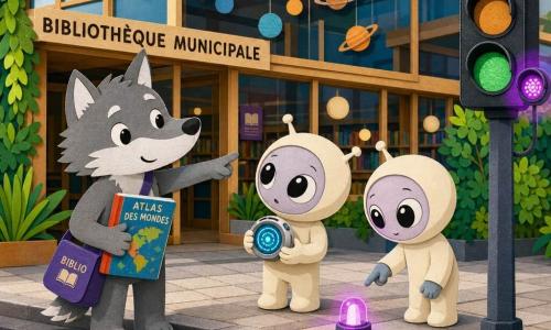 Loupiot, petit loup anthropomorphe souriant au pelage gris et blanc, sac en bandoulière, tient un livre et montre un feu tricolore; deux petits extraterrestres nacrés, timides et curieux, l’un tenant un traducteur lumineux bleu, l’autre pointant une balise mauve; en arrière-plan la bibliothèque municipale vitrée avec plantes et mobile de planètes; au premier plan un carrefour avec passage piéton texturé, trottoir pavé et un feu doté d’un voyant mauve clignotant projetant une lumière douce; ambiance chaleureuse aux couleurs vives et textures papier découpé, focalisée sur le geste explicatif et la balise mauve.