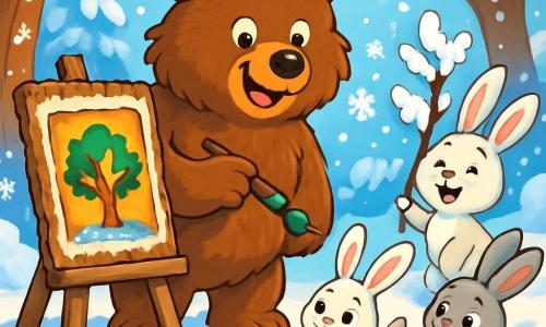 Un grand ours brun nommé Boris, au pelage doux et ébouriffé, se tient joyeusement au centre de la scène, peignant sur une toile d'écorce d'arbre, entouré de flocons de neige scintillants. À ses côtés, un groupe de petits lapins aux pelages blancs et gris, avec de grands yeux curieux, s'agitent avec enthousiasme. L'un d'eux, Léon, tient une branche couverte de neige, souriant fièrement, tandis que les autres l'observent avec admiration. La scène se déroule dans un parc enchanté, où des arbres majestueux sont recouverts de neige, créant une atmosphère magique. Boris, inspiré par la beauté de l'hiver, crée une œuvre d'art colorée tout en jouant avec ses amis dans la neige.
