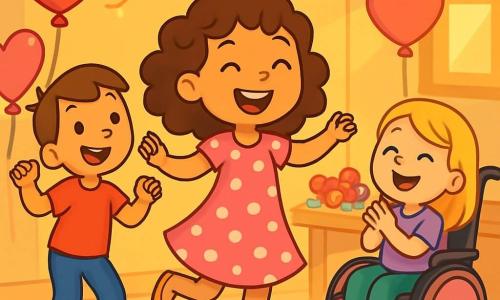 Il y a trois personnages : Lila, une fille de 8 ans aux cheveux bouclés et bruns, dansant joyeusement dans une robe rose à pois blancs ; Zoé, une fille de 8 ans aux cheveux lisses et blonds, assise dans un fauteuil roulant décoré de cœurs, riant et applaudissant Lila, vêtue d'un t-shirt violet avec un cœur ; et un garçon de 7 ans aux cheveux châtains, portant un t-shirt rouge, qui danse à gauche de Lila. La scène se déroule dans une salle chaleureuse, décorée de ballons en forme de cœurs et de guirlandes scintillantes, avec une grande table remplie de bonbons et de peluches. Lila et ses amis célèbrent la Saint-Valentin en dansant et en riant, exprimant leur amitié.