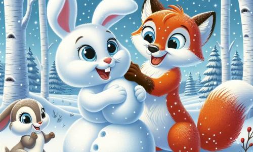 Dans une clairière enneigée, un petit lapin blanc nommé Flocon construit un bonhomme de neige, affichant un sourire radieux. À ses côtés, Mistral, un renard au pelage roux, l'observe avec amusement, prêt à l'aider. Noisette, un écureuil aux poils bruns, grimpe sur une branche pour apporter des baies, souriant. La clairière est entourée de bouleaux blancs, et le sol est recouvert de neige immaculée. Flocon et ses amis s'amusent à ajouter des détails à leur bonhomme de neige, créant une œuvre hivernale joyeuse.