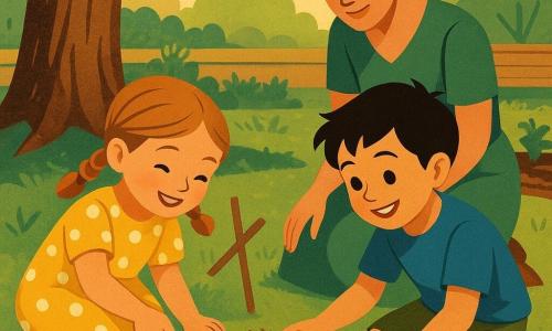 Une fillette joyeuse de 4 ans en nattes et robe jaune à pois gratte la terre avec une petite pelle pour sortir une boîte ronde en métal décorée de lunes et de soleils, un peu rouillée et faiblement brillante, tandis qu'un garçon d'environ 5 ans (Nino), souriant, aide à côté et admire la découverte; leur mère trentenaire, cheveux en chignon et robe verte, se tient en retrait, mains sur les genoux, regard bienveillant; scène en extérieur dans un grand jardin au soleil du soir avec herbe fraîche, un arbre aux racines apparentes, un potager humide et une terrasse en bois avec un vieux panier à pique-nique, ambiance de partage et de calme, couleurs chaudes et formes géométriques stylisées évoquant l'art déco.