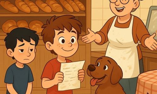 Lucas, ~10 ans, visage rond et taches de rousseur, cheveux châtain en bataille, expression fière et soulagée, tient une pochette de recettes froissée et poudrée de farine près du comptoir ; Max, grand chien brun au poil doux, regarde la pochette à leurs pieds ; Julien, ~11 ans, air honteux mais soulagé, cheveux noirs courts, se tient en retrait à gauche, mains jointes et regard baissé ; Madame Lefèvre, femme d'environ 50 ans au visage chaleureux, lunettes rondes et tablier blanc taché de farine, ouvre les bras avec un grand sourire reconnaissant derrière le comptoir d'une petite boulangerie aux étagères de pains dorés, vitrine avec traces de farine et petite table ronde à nappe à carreaux ; situation : restitution des recettes secrètes, ambiance lumineuse et cosy, quelques traces de pas en farine au sol ; style : couleurs chaudes et contrastées, lignes rondes et nettes, textures de farine et de pain détaillées, composition centrée sur la pochette et les visages joyeux.