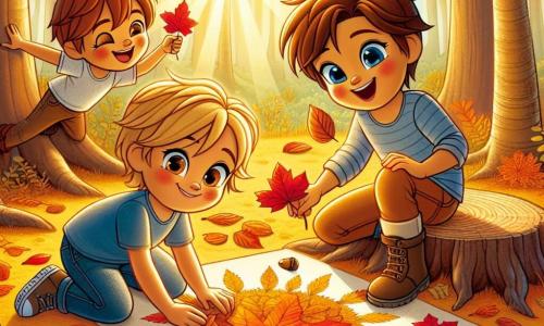 Dans une forêt dorée d'automne, trois amis sont réunis. Léo, 7 ans, est assis sur une racine d'arbre, tenant une feuille rouge. Max, 6 ans, colle des feuilles sur un papier à côté de lui. Téo, 5 ans, se tient derrière, riant et tenant un gland. La forêt est remplie d'arbres aux feuilles flamboyantes, et des rayons de soleil créent des ombres dansantes. Ils créent un collage d'automne avec des feuilles colorées pour représenter un grand soleil, riant et s'amusant ensemble.