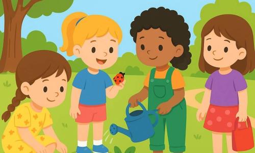 Quatre enfants explorent un parc verdoyant. Lila, 4 ans, a des cheveux bruns en tresse et porte une robe jaune à fleurs ; elle observe un moineau. Zoé, aussi 4 ans, avec des cheveux blonds en queue de cheval, est en t-shirt bleu et short rose, souriant avec une coccinelle dans la main. Inès, 4 ans, aux cheveux noirs bouclés et en salopette verte, arrose une plante. Maya, 4 ans, avec des cheveux châtains lisses, porte un t-shirt violet et une jupe à pois, prête à mettre un papier dans un sac. Le parc est plein d’herbe fraîche, de fleurs colorées et d’arbres majestueux sous un ciel bleu. Les enfants, joyeux et attentifs, célèbrent la nature en observant des animaux et des plantes.
