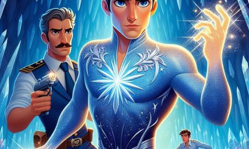 Au centre de l'image, Orion, un homme de vingt-huit ans aux cheveux noirs et aux yeux bleus profonds, se tient fier dans son costume bleu orné d'étoiles argentées, prêt à libérer son pouvoir stellaire. À ses côtés, Maxime, un policier grand et costaud d'une trentaine d'années, admire Orion tout en tenant un pistolet à énergie. La scène se déroule dans la grotte des Étoiles, un lieu mystérieux avec des murs tapissés de cristaux scintillants. Orion et Maxime sont en pleine bataille contre Shadow, un criminel aux yeux flamboyants, tandis qu'Orion concentre son énergie et Maxime se prépare à tirer pour capturer leur ennemi, créant une atmosphère intense et lumineuse.