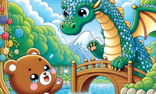 Petit Ourson, un ourson brun rond et doux aux grands yeux pétillants, tend sa patte vers le Dragon du Pont, un dragon majestueux aux écailles scintillantes et au sourire chaleureux. Le Dragon, imposant, se tient près d'un pont en bois, ses ailes déployées, affichant joie et surprise. La scène se déroule au bord d'une rivière étincelante, entourée d'arbres verts, de fleurs colorées et sous un ciel bleu parsemé de nuages blancs. Petit Ourson et le Dragon se rencontrent au bord de la rivière, où l'eau coule, apportant joie et vie à la forêt.