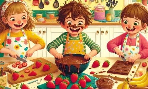 Trois personnages principaux se trouvent dans une cuisine lumineuse : Lou, une fille de 8 ans avec des cheveux bouclés, coupe des fraises en forme de cœur à gauche ; Hugo, un garçon de 9 ans avec des lunettes rondes, rit joyeusement au centre devant un bol de chocolat fondu ; Zoé, la plus petite avec des cheveux lisses, épluche une banane à droite, un morceau de fruit sur la tête. La cuisine est décorée de murs jaunes pastel et d'une table en bois couverte d'ingrédients colorés pour préparer un dessert spécial pour la fête des pères, dans une ambiance joyeuse et complice.