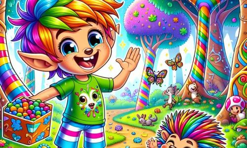 Au centre de l’image, un elfe joyeux nommé Pipo, avec des cheveux en pétard couleur arc-en-ciel et de grandes oreilles pointues, rit aux éclats. Il porte un tee-shirt vert scintillant et un short à rayures bleues. Son visage est illuminé par un grand sourire, et il tient une boîte de bonbons magiques. À ses côtés, un petit hérisson nommé Piquet, couvert de boue, roule dans l’herbe avec une expression de bonheur. Le décor est une forêt enchantée avec des arbres en sucre d’orge et des fleurs éclatantes. Pipo et Piquet racontent des blagues à des animaux amusés, créant une ambiance festive et joyeuse.