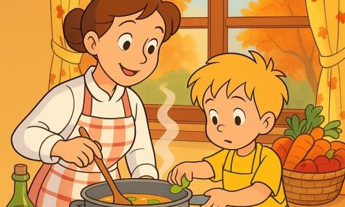 Une cheffe souriante en veste blanche et grand tablier à carreaux, cheveux bruns en chignon, remue lentement une grande casserole en bois d’où monte une légère vapeur pendant qu’elle guide la main d’un garçonnet de cinq ans aux cheveux blonds en bataille et mini tablier jaune, debout sur un marchepied et déposant des rondelles de poireau dans un saladier ; la petite cuisine chaleureuse à plan de travail clair, grandes fenêtres à rideaux fleuris et panier de légumes colorés crée une ambiance cosy et réconfortante tandis qu’ils préparent une soupe d’automne sous une lumière douce.