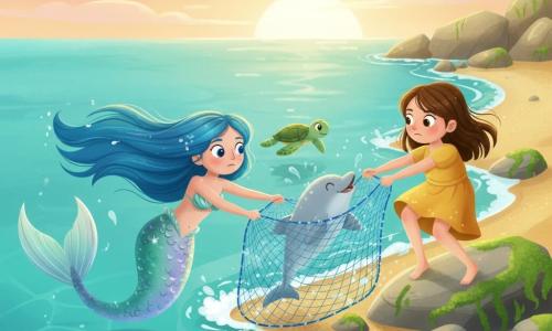 Luna, une sirène courageuse aux longs cheveux bleu océan et à la queue irisée vert et violet, nage et tire sur un filet pour libérer un petit dauphin gris clair tandis qu'Eloïse, une fillette d'environ 7 ans aux cheveux bruns et à la robe jaune, aide depuis les rochers ; une petite tortue verte observe, le tout sur une plage rocheuse au coucher du soleil, eau turquoise, rochers algueux et éclaboussures lumineuses.