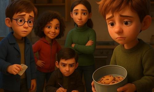 Cinq enfants dans une cuisine attenante à une médiathèque : Milo, 11 ans, cheveux châtain courts, lunettes, manteau bleu, tient un ticket froissé et regarde Nino ; Lina, 11 ans, cheveux bouclés bruns, veste rouge, mains sur la hanche, sourire malicieux ; Tom, 11 ans, cheveux foncés, carnet dans la poche, accroupi avec un stylo, observant des miettes ; Yasmin, 12 ans, cheveux longs attachés, pull vert, bras croisés, calme et attentive ; Nino, 10 ans, petit, cheveux en bataille, visage honteux avec trace de chocolat, présente une boîte à biscuits partiellement vide. La cuisine a un sol carrelé beige humide, une grande table en bois clair, étagères basses, une fenêtre pluvieuse à gauche et une lampe jaune diffuse; l’ambiance est chaleureuse et bienveillante malgré une tension douce : les enfants confrontent Nino dans une scène d’enquête amicale, miettes de chocolat sur la table et une petite trace de menthe au sol, rendu 3D lisse et expressif.